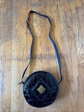 VTG Barbara Bolan Round Mini Crossbody Bag Dark Navy Leather Made in Italy 80s